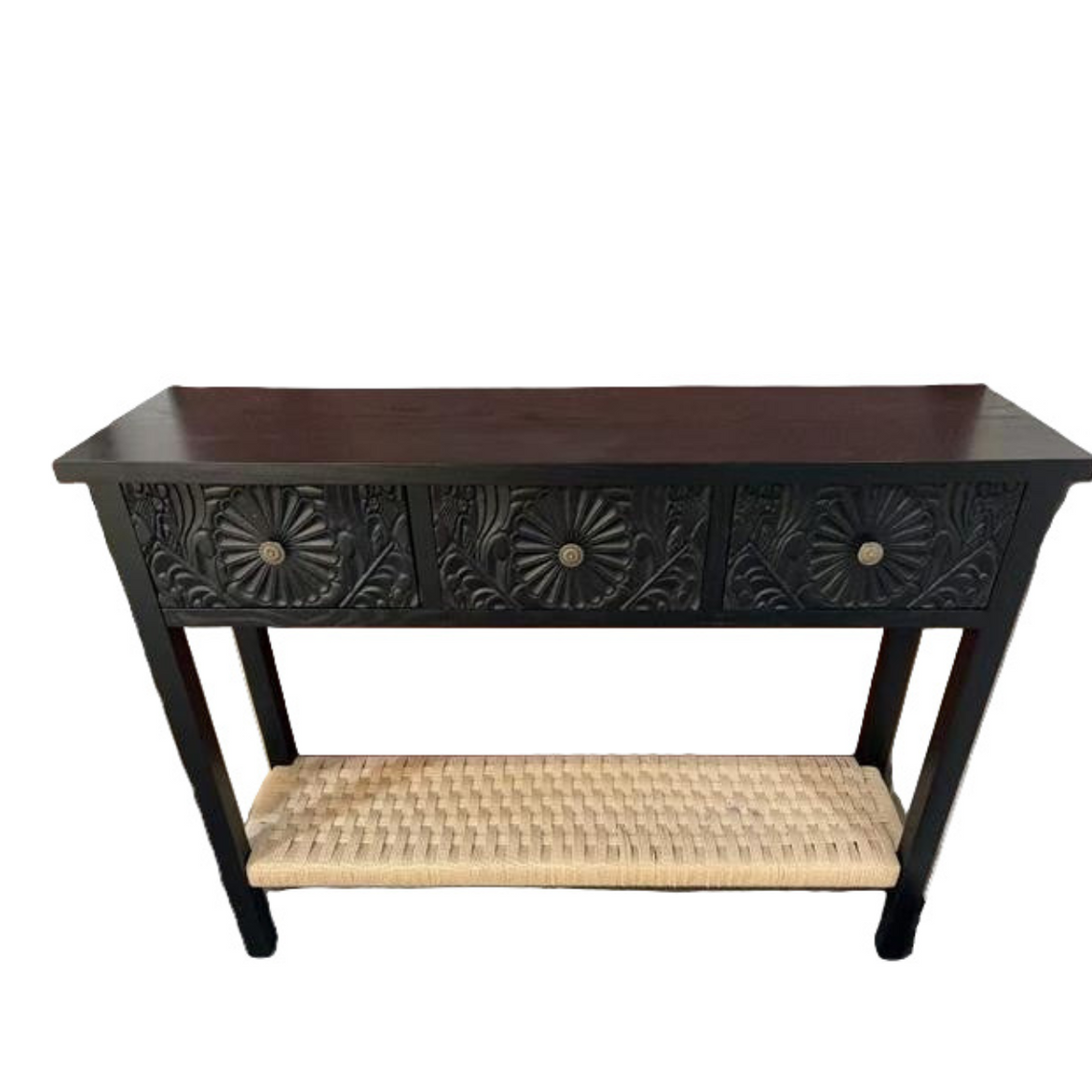 FN100 Wooden Console Table with Woven Shelf 3.5' x 11.5' x 2.75'