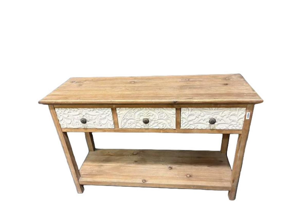 FN101 Wood Console Table w/White Textured Drawers 4' x 14.75" x 2.75'