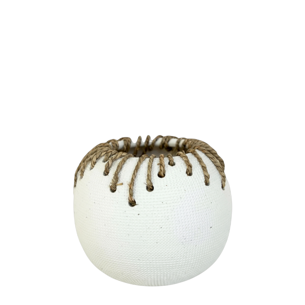 CM129 Small Round Textured Ceramic Vase w/Twine 6.75" x 6.75" x 6.25" PK 4