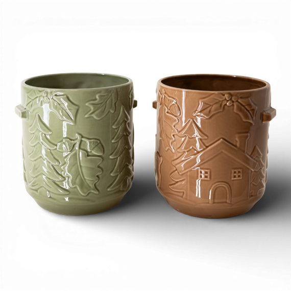 CM166 Dolomite Embossed Houses Planter w/Handles 7" x 6.25" x 7", Set of 2 PK2