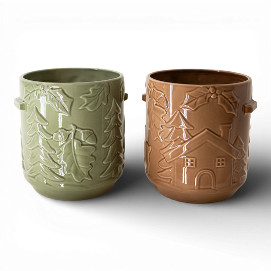 CM166 Dolomite Embossed Houses Planter w/Handles 7" x 6.25" x 7", Set of 2 PK2