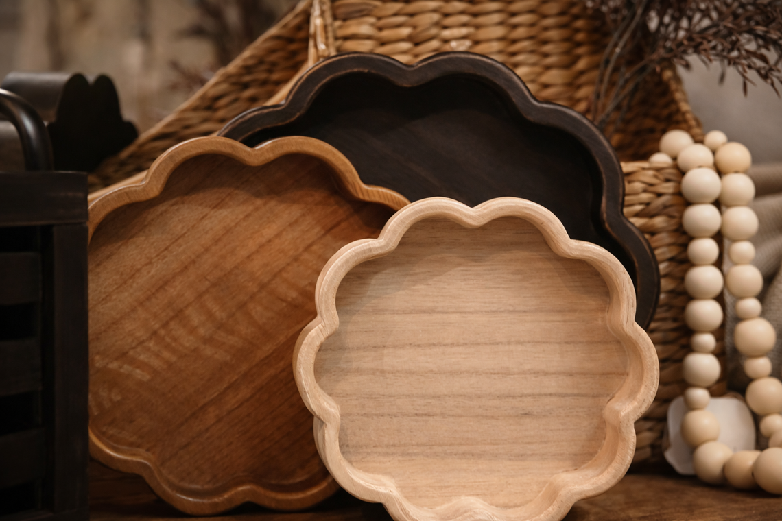 T123 Wooden Scalloped Trays - (Set of 4)7.25" X 7.25" X 2", 9.5" X 9.5" X 2", 11.75" X 11.25" X 2", 15.75" X 15.75" X 2" PK 2