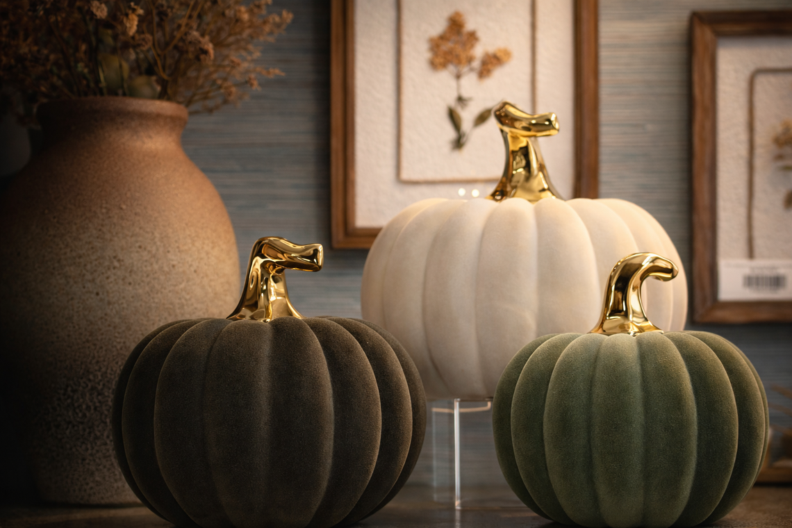 HN108 Velvet Dolomite Pumpkins 5.75" x 5.75" x 6", 7.25" x 7.25" x 6.75", & 8.5" x 8.5" x 7.75",  Set of 3 PK1