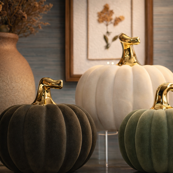 HN108 Velvet Dolomite Pumpkins 5.75" x 5.75" x 6", 7.25" x 7.25" x 6.75", & 8.5" x 8.5" x 7.75",  Set of 3 PK1