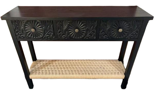 Wooden Console Table with Woven Shelf