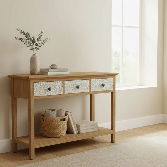 FN101 Wood Console Table w/White Textured Drawers 4' x 14.75" x 2.75' PK 1