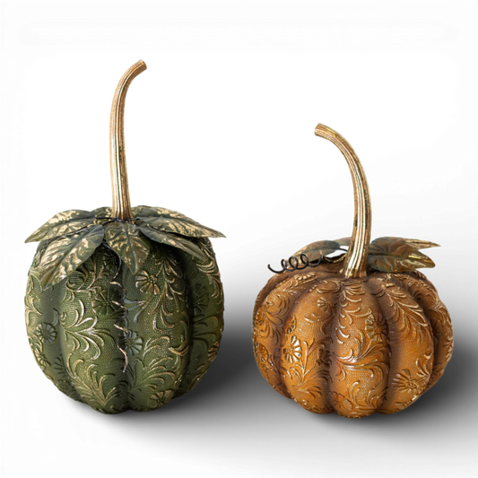 HN114 Polyresin Embossed Pumpkin w/Leaves 6.5" x 6" x 10.75" & 7" x 6.5" x 9", Set of 2 PK1