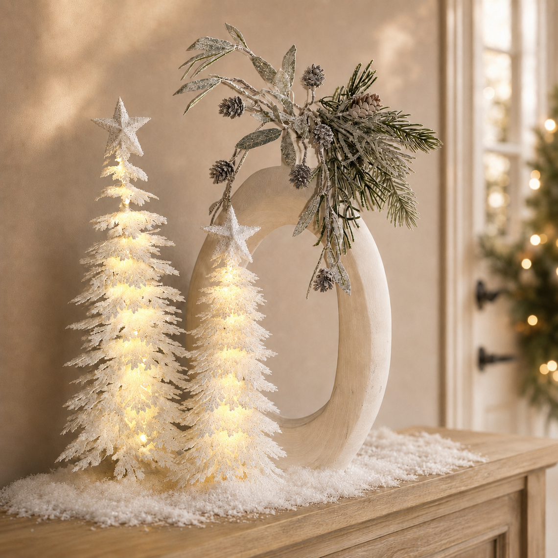 TR119 Lighted Snow Tree, 6" x 6" x 16" & 6.75" x 6.75" x 20", Set of 2 PK1