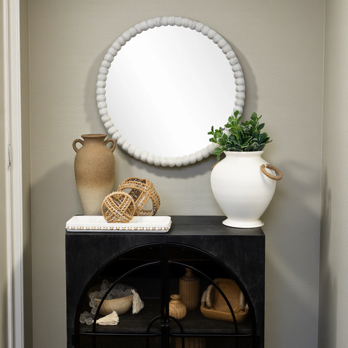 MIR104 Beaded Round Mirror White 28" PK 1