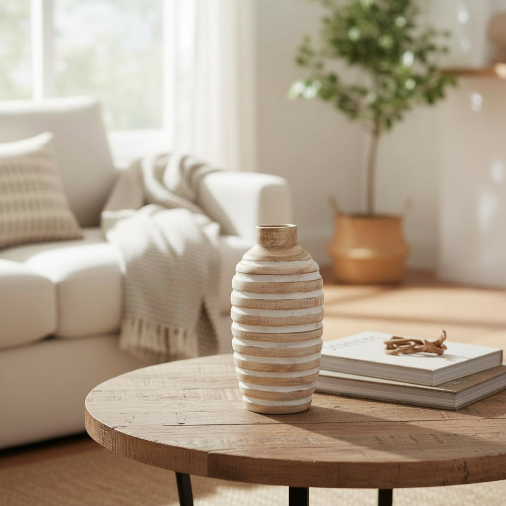 N133 Wood Ribbed Vase - Antique White 5" x 5" x 10.25" PK 2