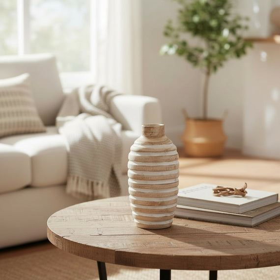 N133 Wood Ribbed Vase - Antique White 5" x 5" x 10.25" PK 2