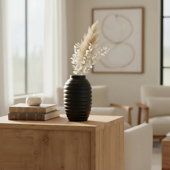 N134 Wood Ribbed Vase - Black 6.75" x 6.75" x 10.75" PK 2