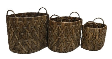 Handled Oval Woven Basket (Set of 3) - Brown