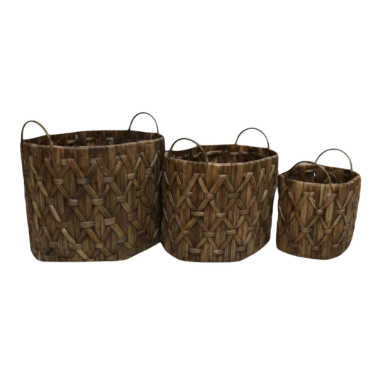 N2820 Handled Oval Woven Basket (Set of 3) - Brown PK 2
