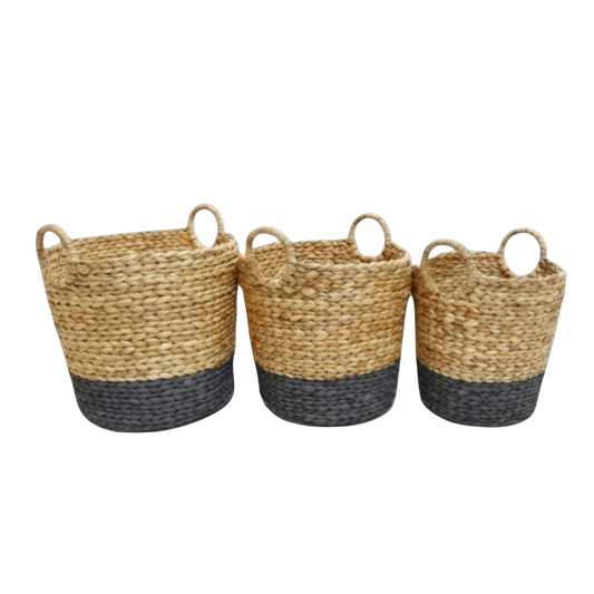 N2823 Hand Woven Handled Baskets (Set of 3) Natural/Black 15" X 15", 13" X 14", 11" x 13.25" PK 2