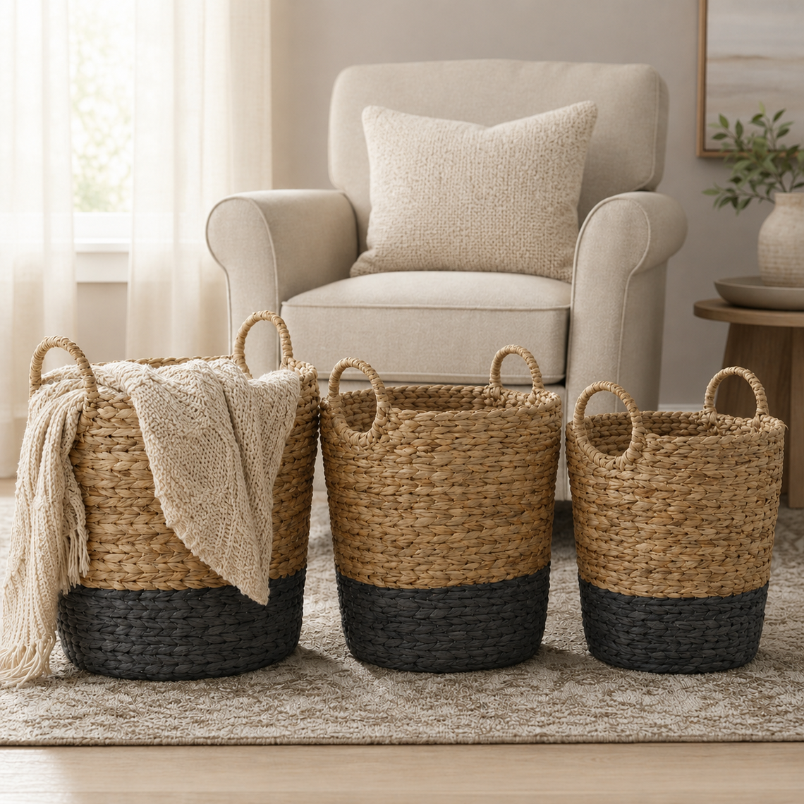 N2823 Hand Woven Handled Baskets (Set of 3) Natural/Black 16" x 15" x 14.5", 13" x 13" x 13.75" , 11.75" x 11.25"  X 13"  PK 2