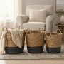 N2823 Hand Woven Handled Baskets (Set of 3) Natural/Black 16" x 15" x 14.5", 13" x 13" x 13.75" , 11.75" x 11.25"  X 13"  PK 2