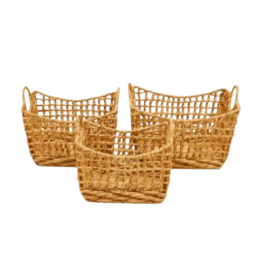 N3065 Handled Open Weave Basket (Set of 3) - Natural 18.75" X 14" X 14", 16.5" X 12" X 13.25", 14" X 10.25" X 12.5" PK 2