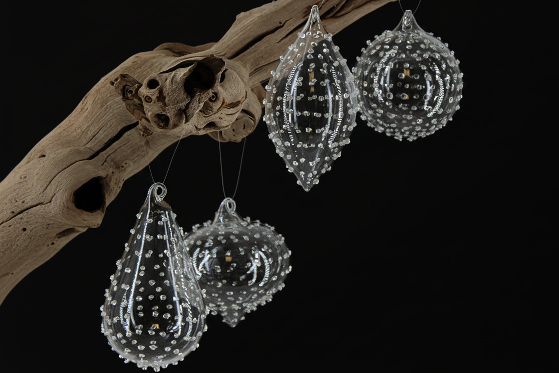 OR108 Glass Ball/Drop Ornament 3" x 3" x 3.5" & 2" x 2" x 4.5",  4 Assorted PK12