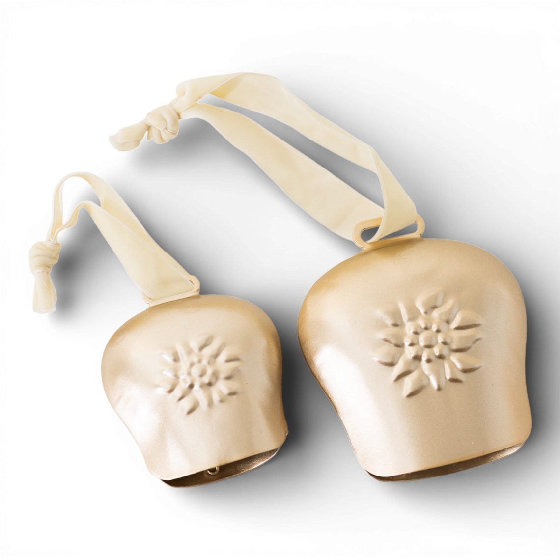 OR148 Metal Swiss Cow Bell Ornament Gold, 3.5" x 1.25" x 4" & 4.75" X 1.5" x 5.25", (Set of 2) PK3