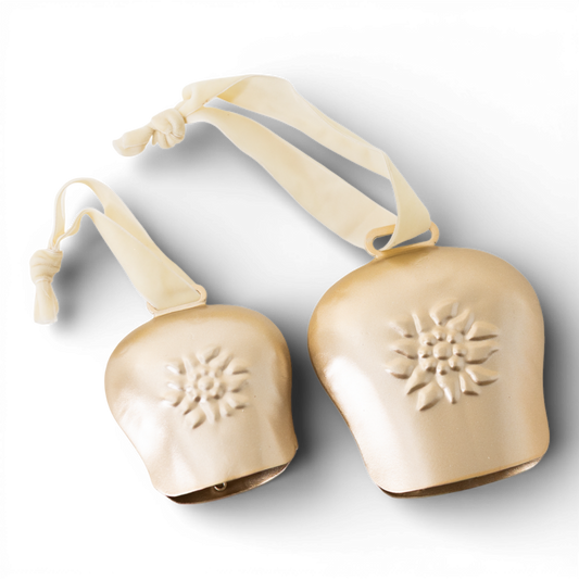OR148 Metal Swiss Cow Bell Ornament Gold, 3.5" x 1.25" x 4" & 4.75" X 1.5" x 5.25", (Set of 2) PK3