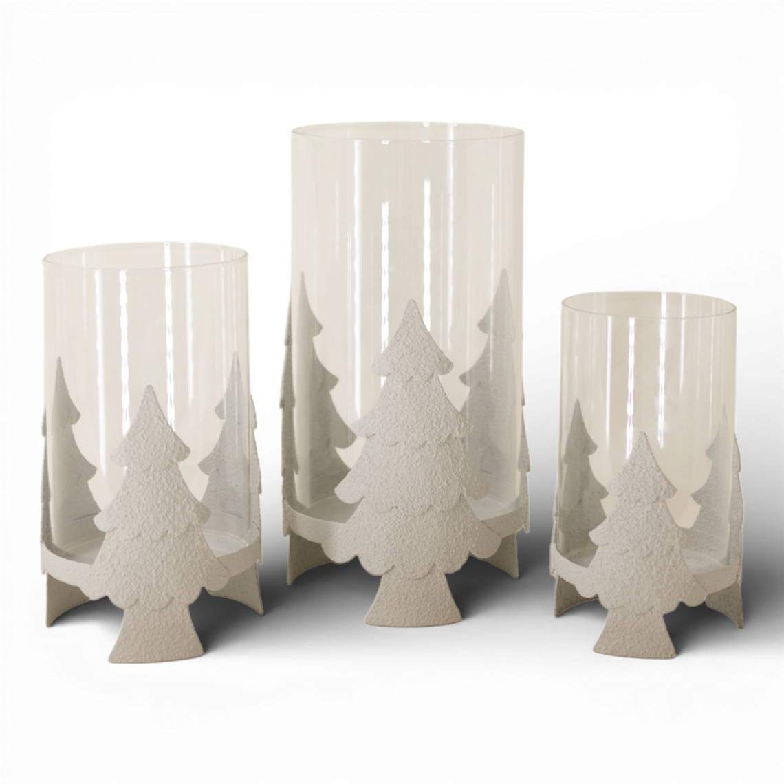 PN143 Metal Tree Candleholder w/Glass WH 3.5" x 3.5" x5.25", 4" x 4" x 6", & 5" x 5" x 7.75",  Set of 3 PK1