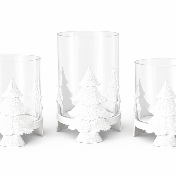 PN143 Metal Tree Candleholder w/Glass WH 3.5" x 3.5" x5.25", 4" x 4" x 6", & 5" x 5" x 7.75",  Set of 3 PK1