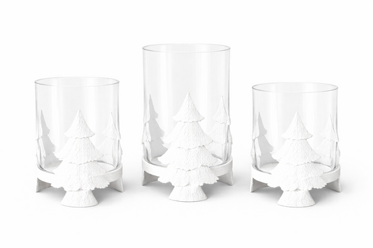 PN143 Metal Tree Candleholder w/Glass WH 3.5" x 3.5" x5.25", 4" x 4" x 6", & 5" x 5" x 7.75",  Set of 3 PK1