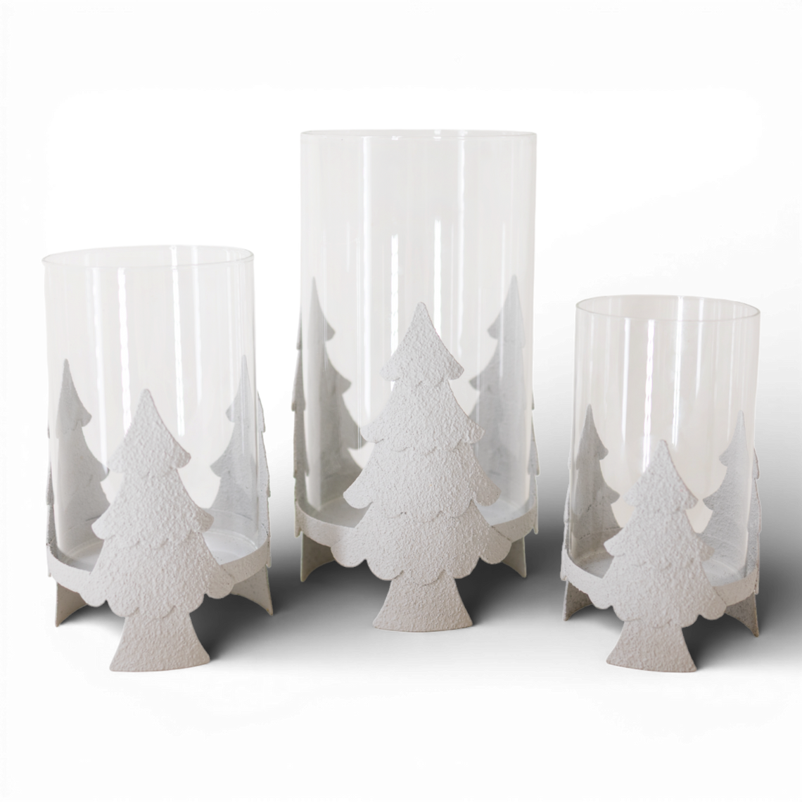PN143 Metal Tree Candleholder w/Glass WH 3.5" x 3.5" x5.25", 4" x 4" x 6", & 5" x 5" x 7.75",  Set of 3 PK1