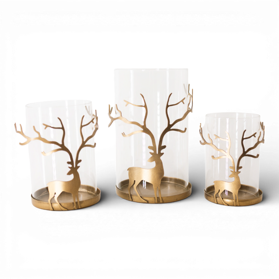 PN144 Metal Deer Candleholder w/Glass 3.5" x 3.5" x 5.25", 4" x 4" x 6", & 5" x 5" x 7.75", Set of 3 PK2