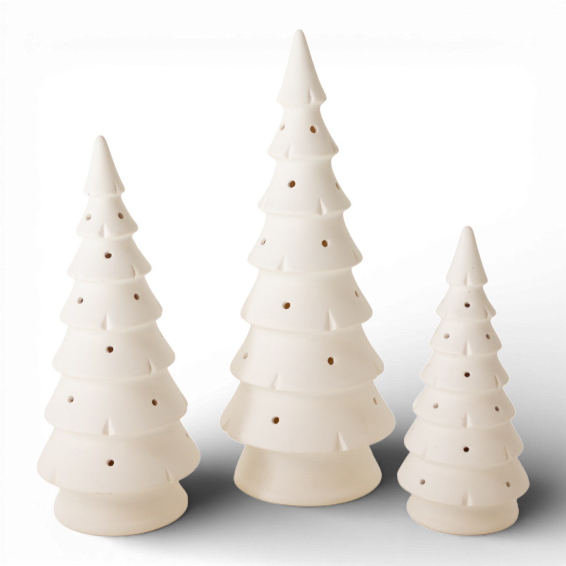 PN146 LED Ceramic Trees White 2.5" x 2.5" x 6"  3.25" x 3.25" x 7.75",  & 3.75" x 3.75" x 9.5", Set of 3 PK2