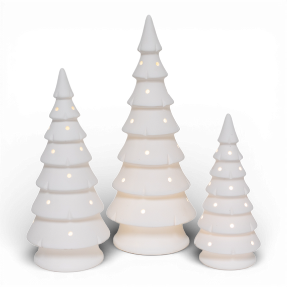 PN146 LED Ceramic Trees White 2.5" x 2.5" x 6"  3.25" x 3.25" x 7.75",  & 3.75" x 3.75" x 9.5", Set of 3 PK2