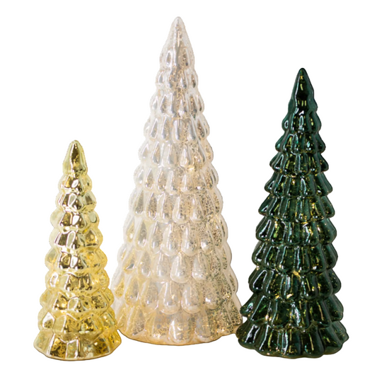 PN150 LED Glass Tree Green/White/Gold 3.25" X 3" x 8", 4.25" x 4.25" x 10.75" & 5.25" x 5.25" x 12.25", Set of 3  PK1