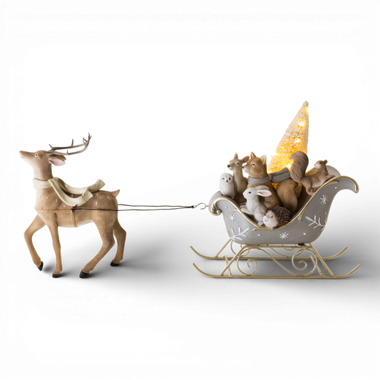 PR147 LED Polyresin Sleigh w/Deer & Woodland Animals 9" x 4.25" x 9" PK1