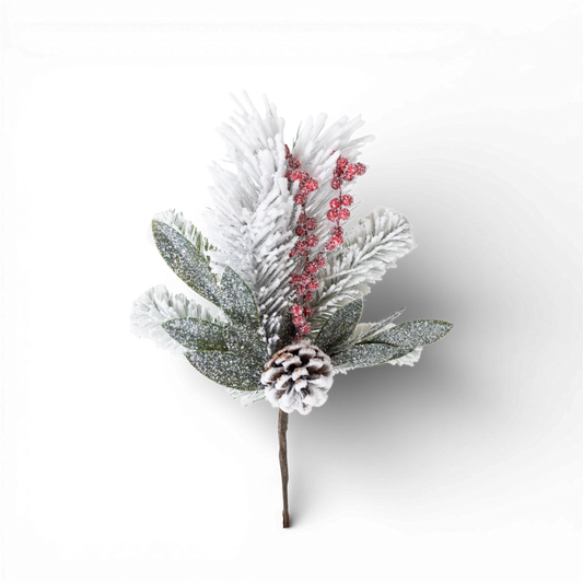 PX113 Frosted Mixed Pine w/Berries & Pinecone Pick 16.5" PK12