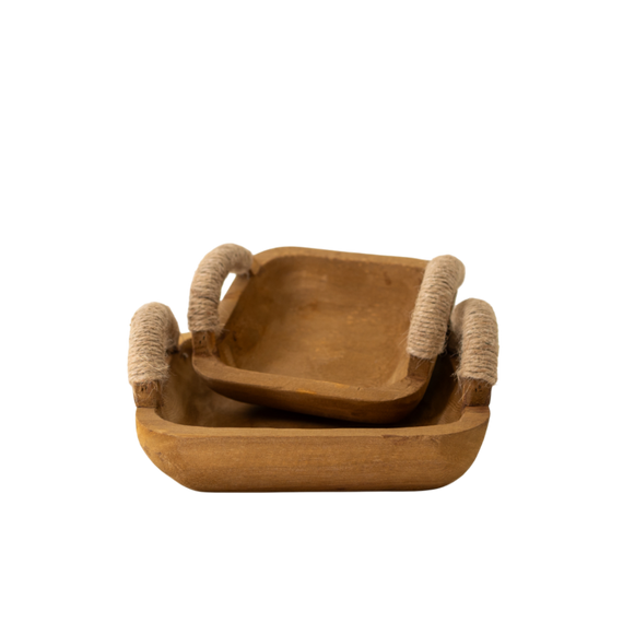 T107 Rectangular Wooden Trays w/Handles (Set of 2) 6.25" x 6" x 3" & 9" x 8" x 3.75" PK 4