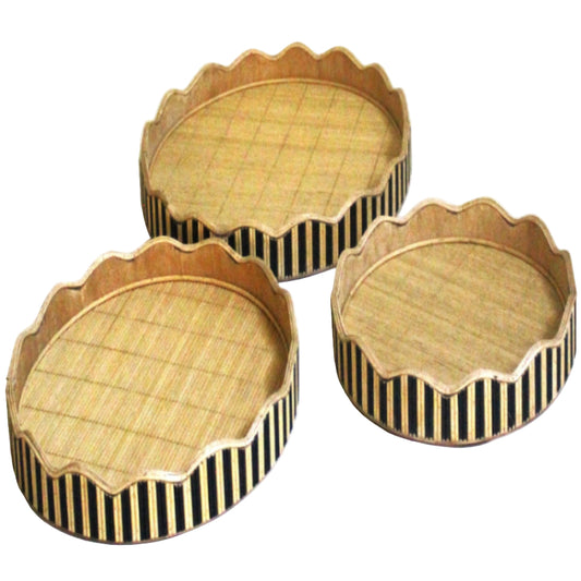 Scalloped Round Wooden Tray Set of 3