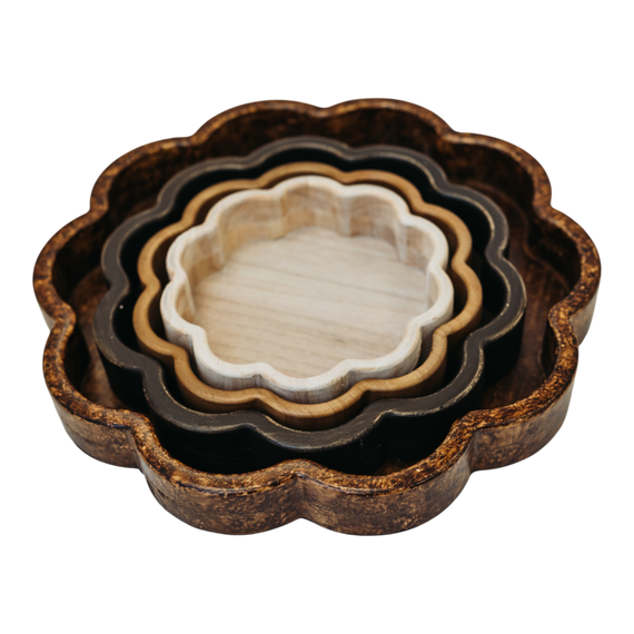 T123 Wooden Scalloped Trays - (Set of 4) 15.75" x 15" x 1.75", 11.75" x 11.5" x 1.75", 9.5" x 9" x 1.75" & 7.75" x 7.5" x 1.75" PK 2