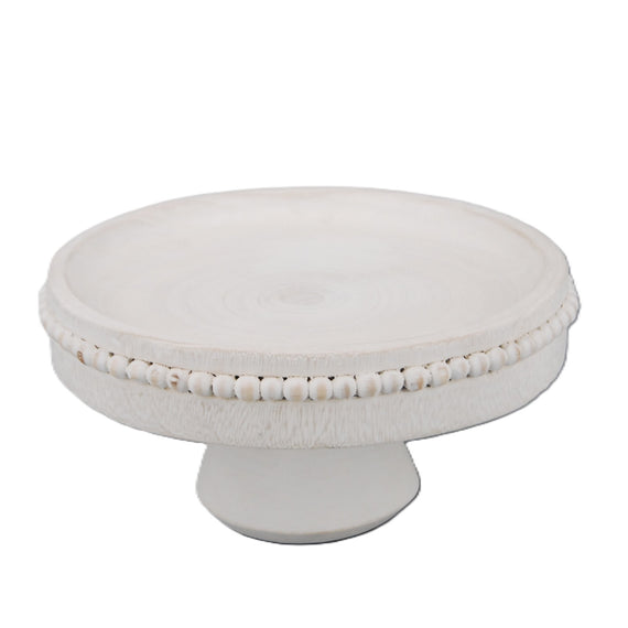 Wooden Beaded Pedestal Tray - White