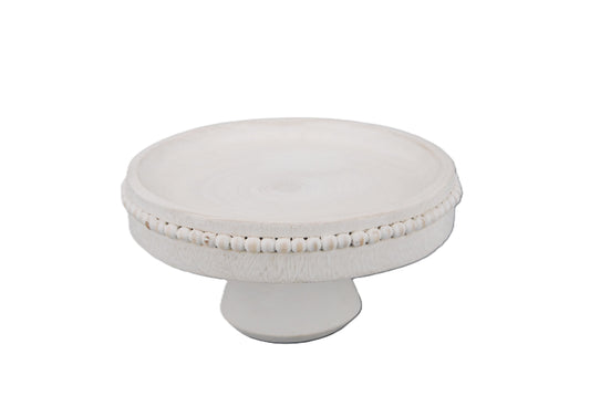 Wooden Beaded Pedestal Tray - White