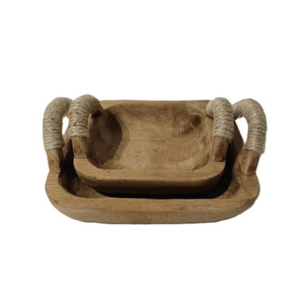 T107 Rectangular Wooden Trays w/Handles (Set of 2) 5.75" x 5" x 2.25" & 8" x 7" x 2"