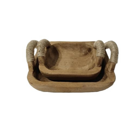 T107 Rectangular Wooden Trays w/Handles (Set of 2) 5.75" x 5" x 2.25" & 8" x 7" x 2"