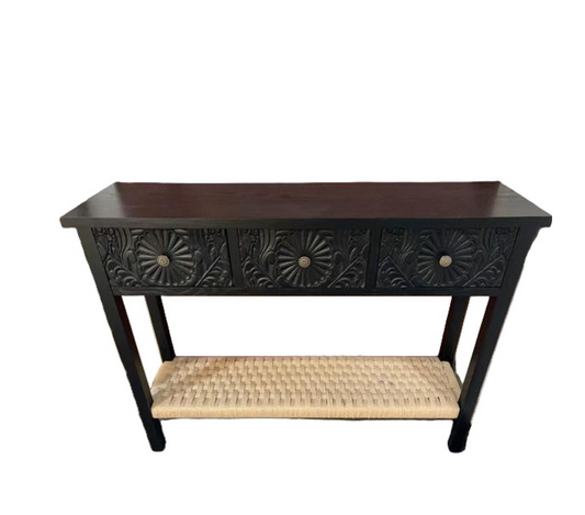 FN100 Wooden Console Table with Woven Shelf 3.5' x 11.5' x 2.75'