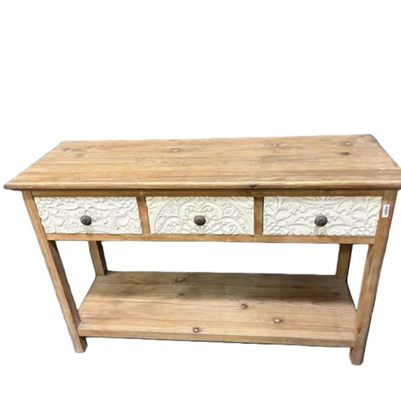 FN101 Wood Console Table w/White Textured Drawers 4' x 14.75" x 2.75'