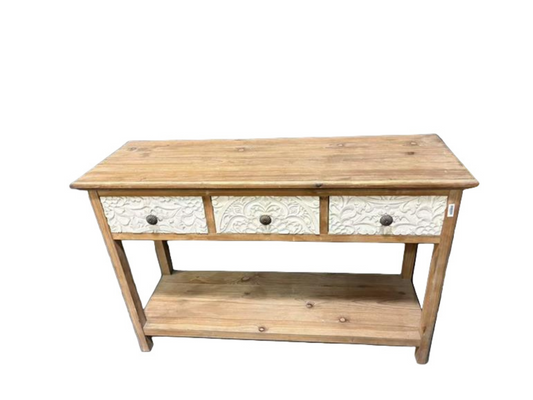 FN101 Wood Console Table w/White Textured Drawers 4' x 14.75" x 2.75'