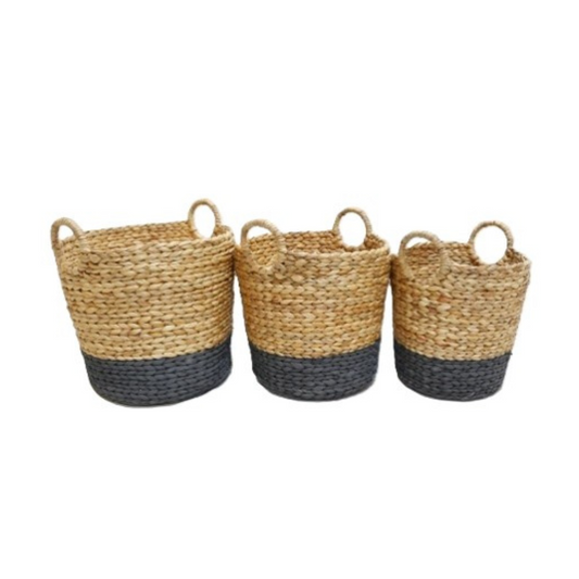 N2823 Hand Woven Handled Baskets (Set of 3) Natural/Black 15" X 15", 13" X 14", 11" x 13.25"