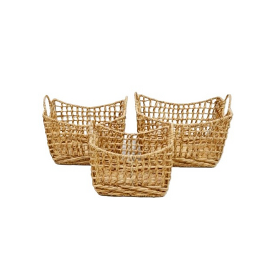 N3065 Handled Open Weave Basket (Set of 3) - Natural 18.75" X 14" X 14", 16.5" X 12" X 13.25", 14" X 10.25" X 12.5"