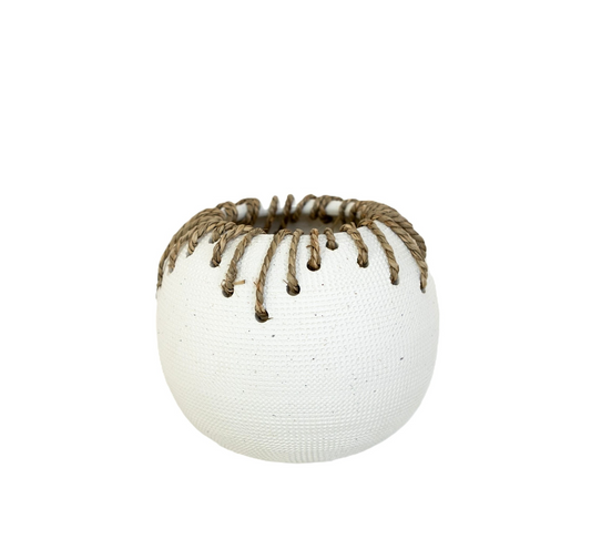 CM129 Small Round Textured Ceramic Vase  w/Twine 6.75" x 6.75" x 6.25"