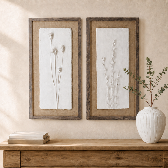WA110 Botanical Wall Art - Pressed White Pressed Blossoms 12.5" x 1" x 24.25" PK2