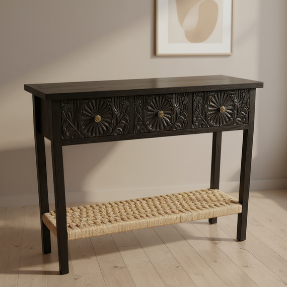 FN100 Wooden Console Table with Woven Shelf 3.5' x 11.5' x 2.75' PK 1